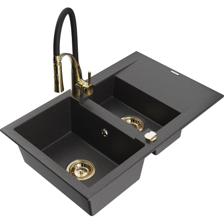 Mexen Gaspar chiuvetă granit 1,5-camere cu scurgător și baterie de bucătărie Aster, negru picat - 6507-76-73450-57-G