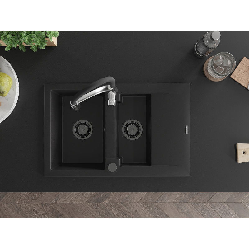 Mexen Gaspar chiuvetă de granit 1,5 compartimente cu scurgător și baterie de bucătărie Aster, negru - 6507-77-73450-07-B