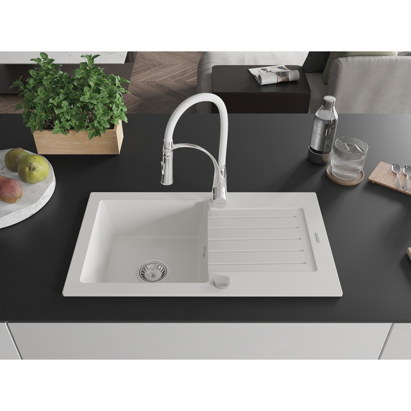Mexen Pablo 1 rekeszes gránit mosogató csepegtetővel és Aster konyhai csapteleppel, fehér - 6510-20-73450-02