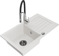 Mexen Pablo egymedencés gránit mosogató csepegtetővel és Aster konyhai csapteleppel, fehér - 6510-20-73450-07-B