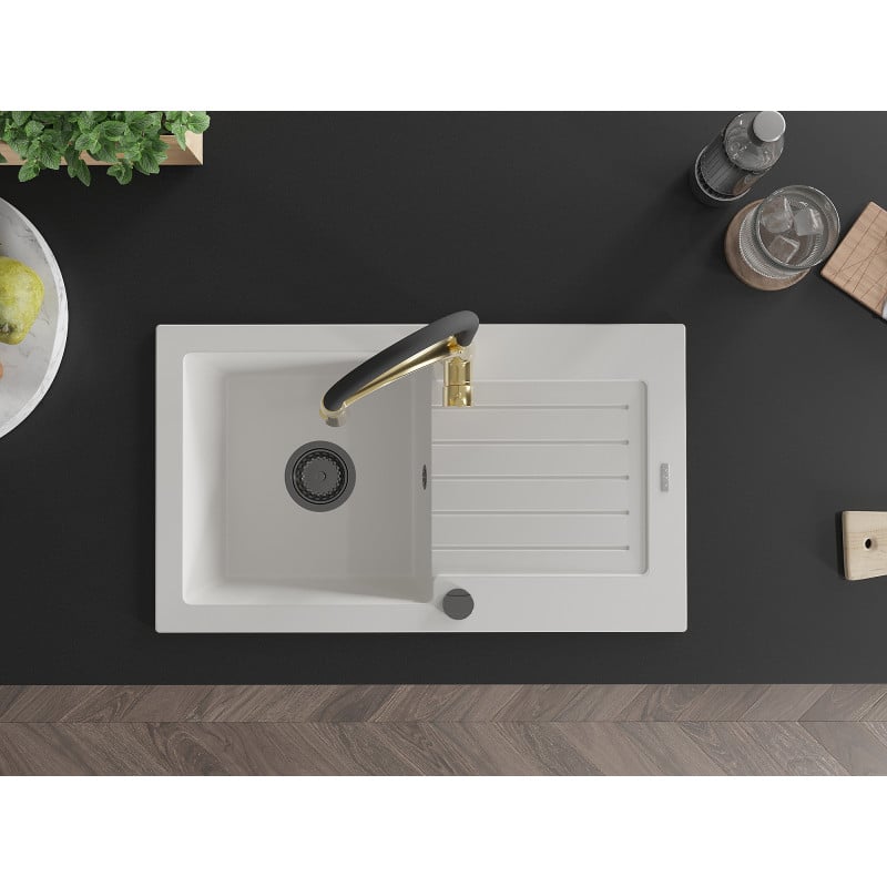 Mexen Pablo chiuvetă din granit cu 1 cuvă, cu scurgător și baterie de bucătărie Aster, alb - 6510-20-73450-57-B