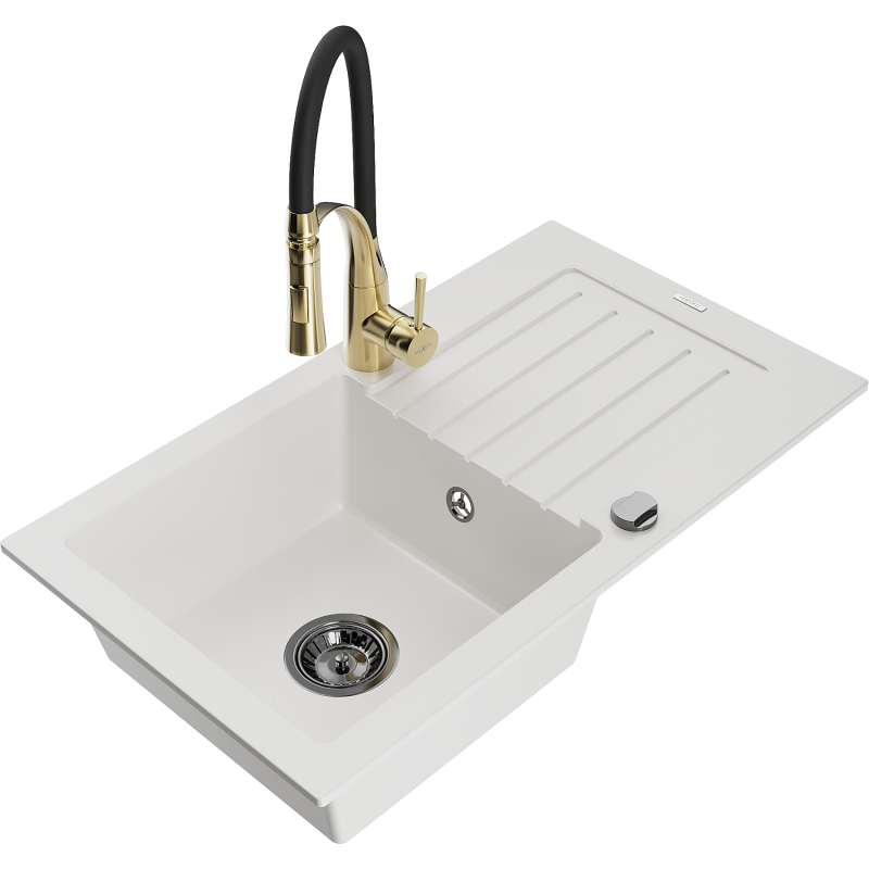 Mexen Pablo chiuvetă din granit cu 1 cuvă, cu scurgător și baterie de bucătărie Aster, alb - 6510-20-73450-57-B