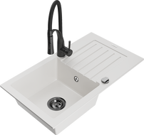 Mexen Pablo egymedencés gránit mosogató csepegtetővel és Aster konyhai csappal, fehér - 6510-20-73450-70-B