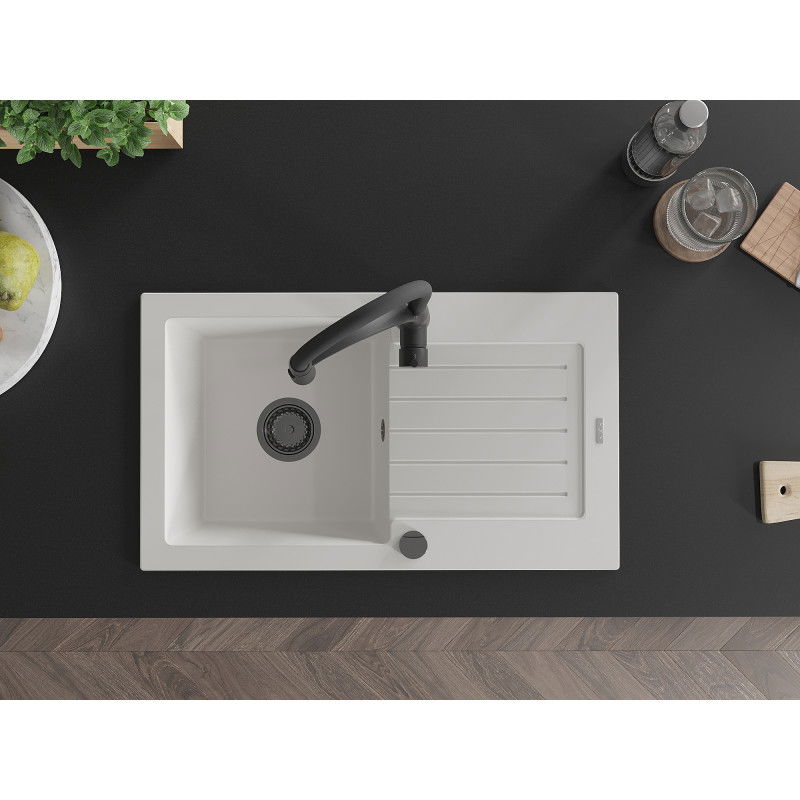 Mexen Pablo egymedencés gránit mosogató csepegtetővel és Aster konyhai csappal, fehér - 6510-20-73450-70-B