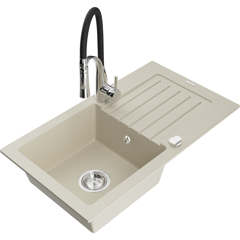 Mexen Pablo egytálcás gránit mosogató csepegtetővel és Aster konyhai csapteleppel, bézs - 6510-69-73450-07