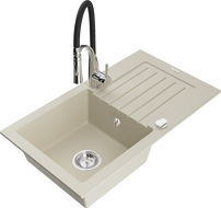 Mexen Pablo chiuvetă de granit cu o cuvă și scurgător și baterie de bucătărie Aster, bej - 6510-69-73450-07