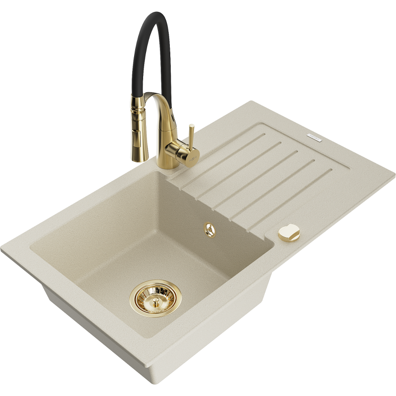 Mexen Pablo chiuvetă de bucătărie din granit cu o cuvă, cu scurgător și baterie Aster, bej - 6510-69-73450-57-G
