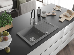 Mexen Pablo 1-kamrás gránit mosogató csepegtetővel és Aster konyhai csapteleppel, szürke - 6510-71-73450-07