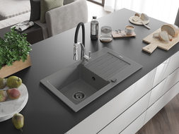 Mexen Pablo 1-medencés gránit mosogató csepegtetővel és Aster konyhai csapteleppel, szürke - 6510-71-73450-07-B
