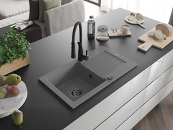 Mexen Pablo chiuvetă de granit cu 1 compartiment cu scurgător și baterie de bucătărie Aster, gri - 6510-71-73450-70-B