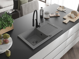 Mexen Pablo egykamrás gránit mosogató csepegtetővel és Aster konyhai csapteleppel, szürke - 6510-71-73450-70-B