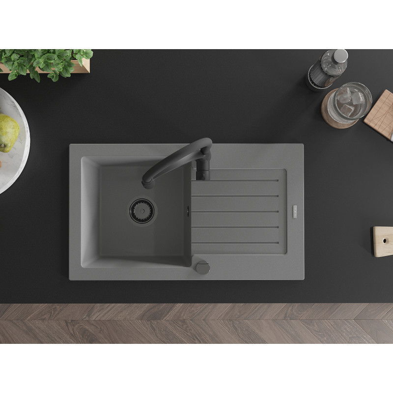 Mexen Pablo chiuvetă de granit cu 1 compartiment cu scurgător și baterie de bucătărie Aster, gri - 6510-71-73450-70-B