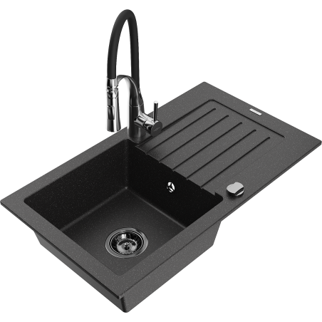 Mexen Pablo chiuvetă de granit cu 1 cuvă, cu scurgător și baterie de bucătărie Aster, negru/argintiu metalic