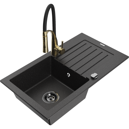 Mexen Pablo chiuvetă granitică cu o singură cuvă, cu picurător și baterie de bucătărie Aster, negru/argintiu metalizat