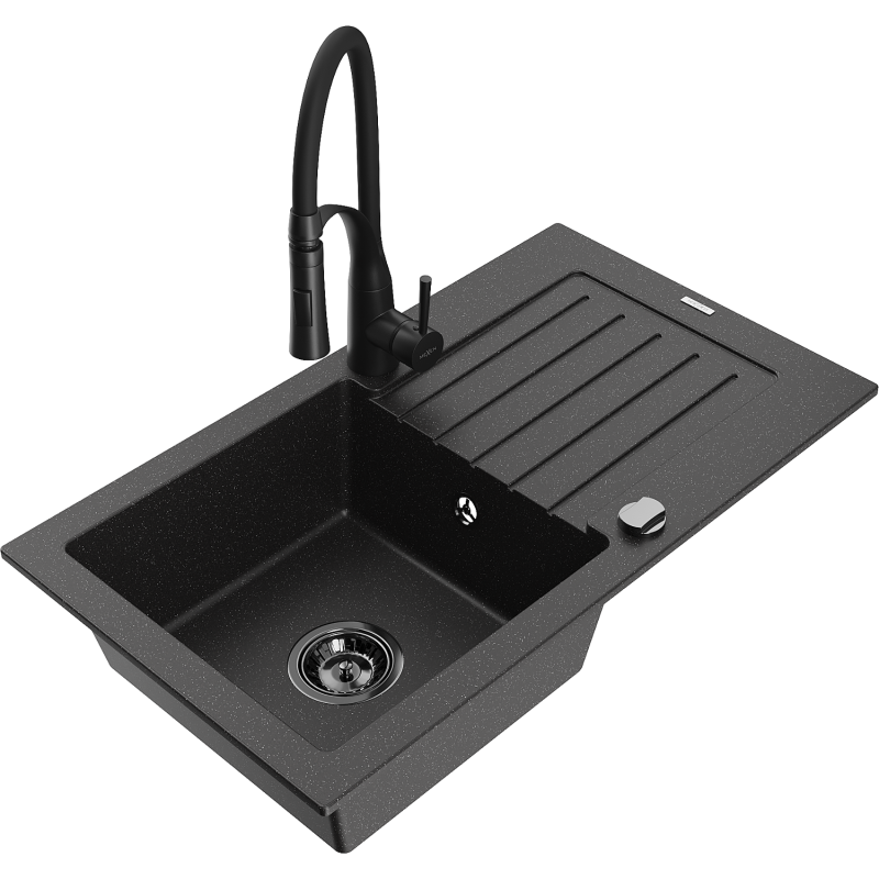 Mexen Pablo chiuvetă de granit cu 1 compartiment cu scurgător și baterie de bucătărie Aster, negru/argintiu metalic