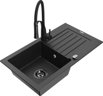 Mexen Pablo chiuvetă de granit cu 1 compartiment cu scurgător și baterie de bucătărie Aster, negru/argintiu metalic
