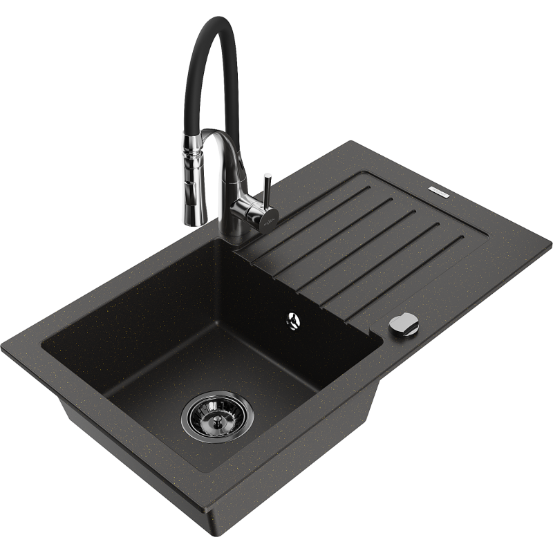 Mexen Pablo chiuvetă din granit cu 1 compartiment cu scurgător și baterie de bucătărie Aster, negru/auriu metalic