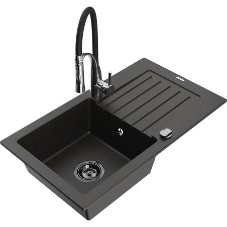 Mexen Pablo chiuvetă din granit cu 1 compartiment cu scurgător și baterie de bucătărie Aster, negru/auriu metalic