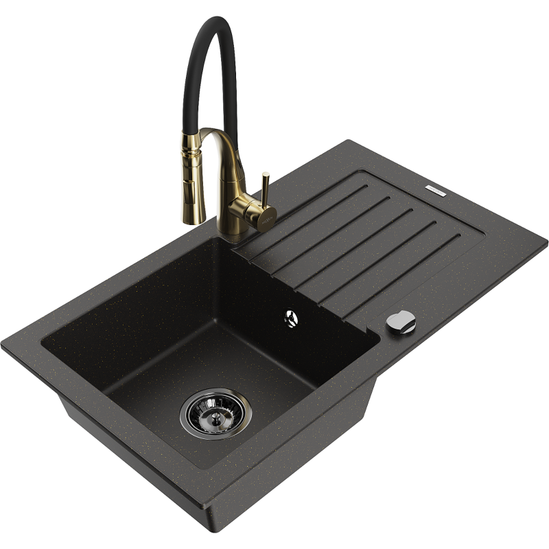 Mexen Pablo chiuvetă din granit cu 1 compartiment cu scurgător și baterie de bucătărie Aster, negru/auriu metalic