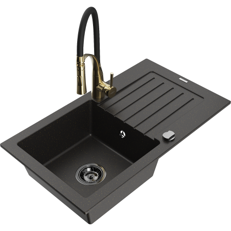 Mexen Pablo chiuvetă din granit cu 1 compartiment cu scurgător și baterie de bucătărie Aster, negru/auriu metalic