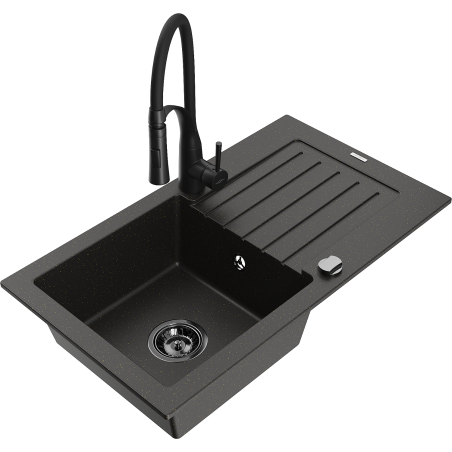 Mexen Pablo chiuvetă de granit cu 1 compartiment cu scurgător și baterie de bucătărie Aster, negru/auriu metalizat