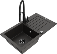 Mexen Pablo chiuvetă de granit cu 1 compartiment cu scurgător și baterie de bucătărie Aster, negru/auriu metalizat