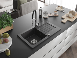 Mexen Pablo chiuvetă de granit cu o cuvă, cu scurgător și baterie de bucătărie Aster, negru cu pete - 6510-76-73450-07
