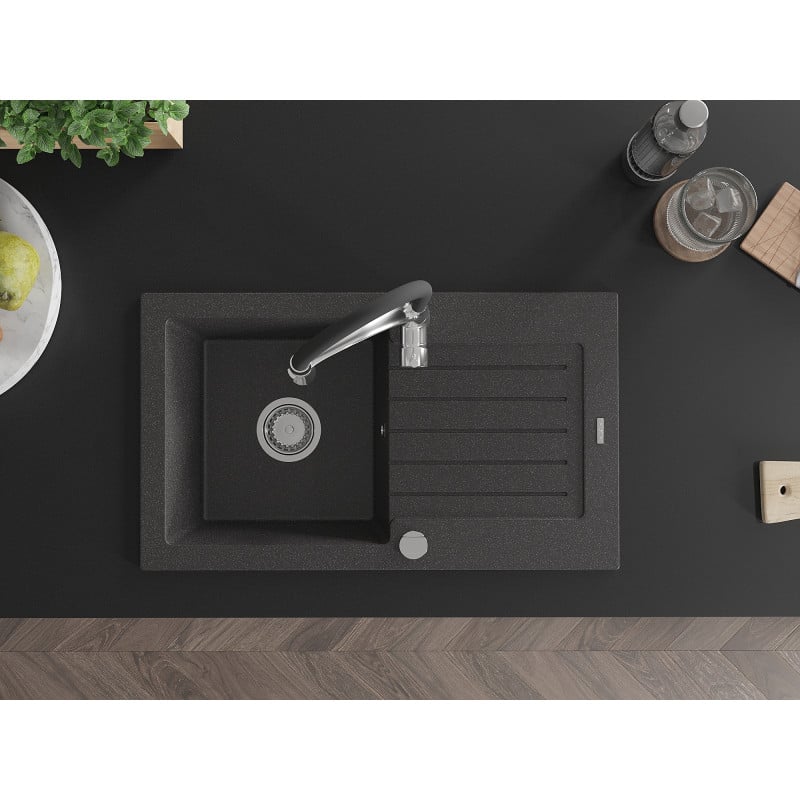 Mexen Pablo chiuvetă de granit cu o cuvă, cu scurgător și baterie de bucătărie Aster, negru cu pete - 6510-76-73450-07