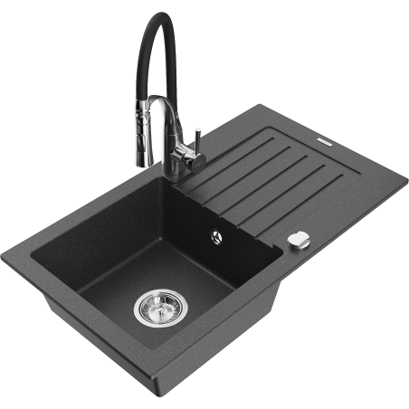 Mexen Pablo 1-medencés gránit mosogató lefolyóval és Aster konyhai csappal, fekete pöttyös - 6510-76-73450-07