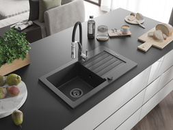 Mexen Pablo chiuvetă de granit cu o singură cuvă cu scurgător și baterie de bucătărie Aster, negru cu pete