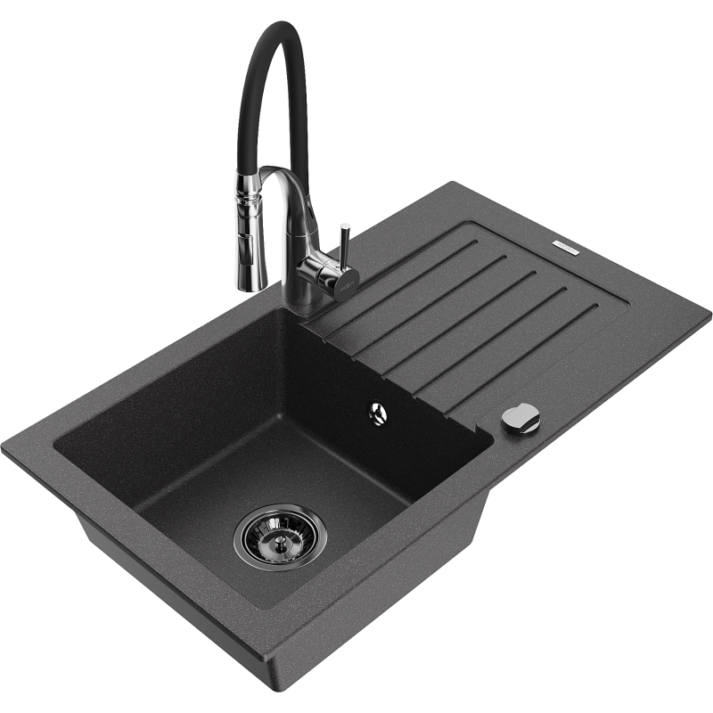 Mexen Pablo chiuvetă de granit cu o singură cuvă cu scurgător și baterie de bucătărie Aster, negru cu pete