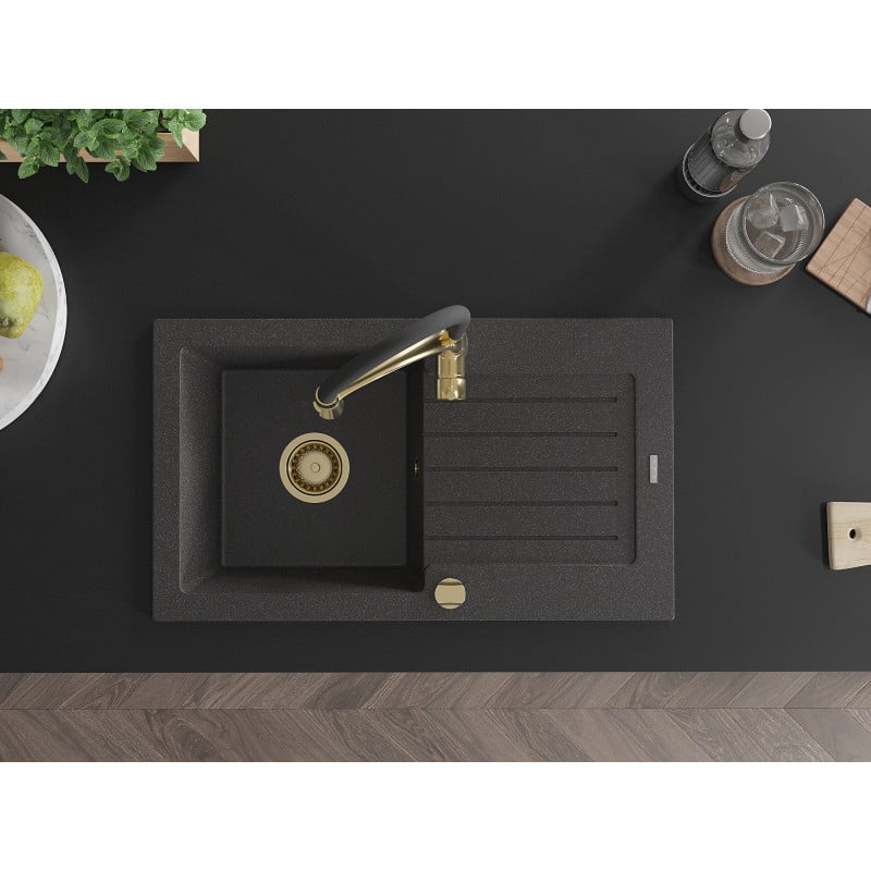 Mexen Pablo chiuvetă de granit cu o cuvă cu scurgător și baterie de bucătărie Aster, negru cu pete - 6510-76-73450-57-G