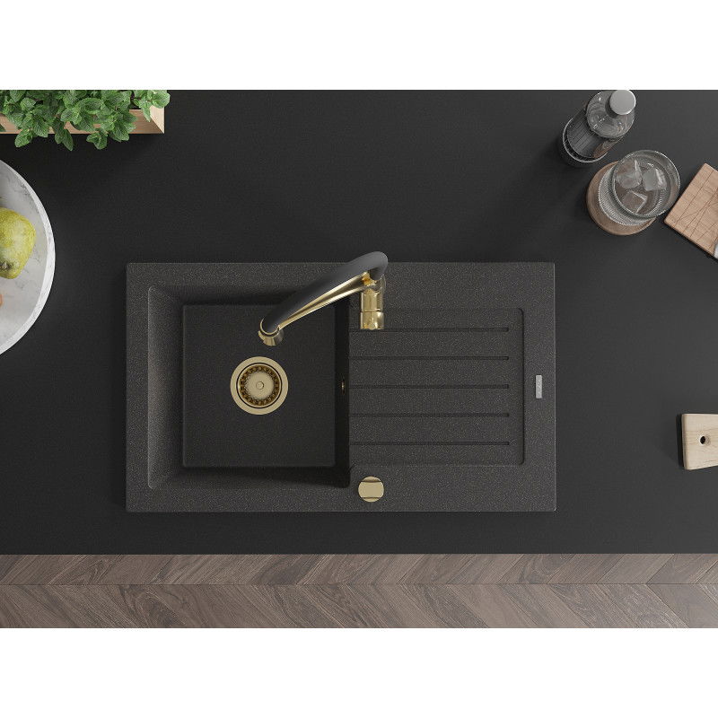 Mexen Pablo egykamrás gránit mosogató csepegtetővel és Aster konyhai csapteleppel, fekete pöttyös - 6510-76-73450-57-G