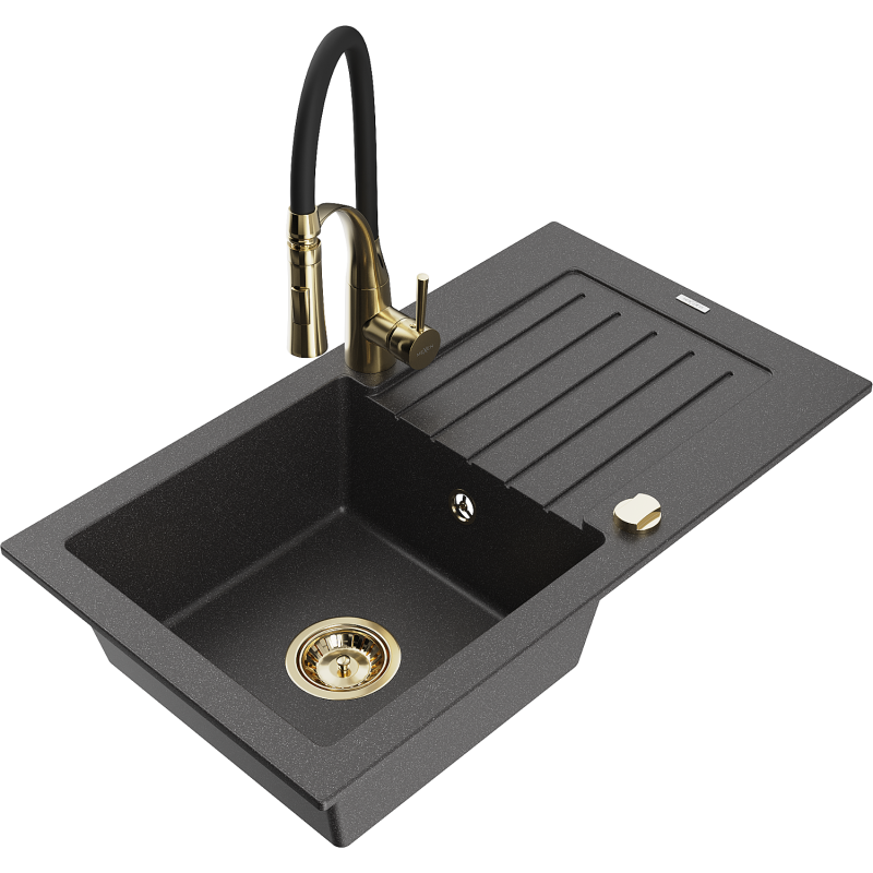Mexen Pablo chiuvetă de granit cu o cuvă cu scurgător și baterie de bucătărie Aster, negru cu pete - 6510-76-73450-57-G