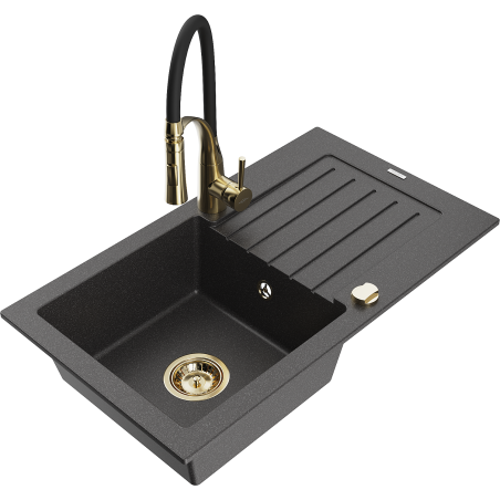 Mexen Pablo egykamrás gránit mosogató csepegtetővel és Aster konyhai csapteleppel, fekete pöttyös - 6510-76-73450-57-G