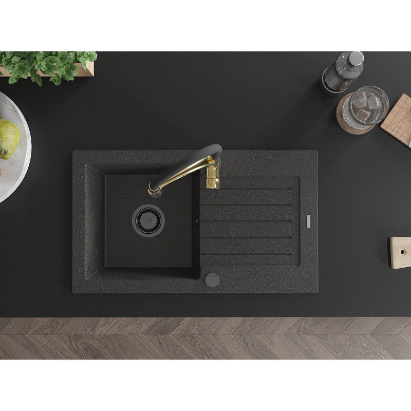 Mexen Pablo, 1-medencés, lefolyóval és Aster konyhai csappal ellátott gránit mosogató, fekete pöttyös - 6510-76-73450-57-B