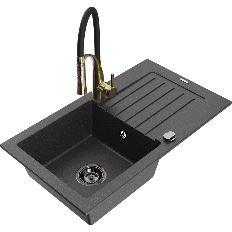 Mexen Pablo chiuvetă de granit cu 1 cameră cu scurgător și baterie de bucătărie Aster, negru cu pete - 6510-76-73450-57-B