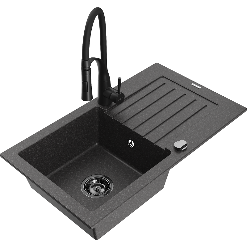 Mexen Pablo egymedencés gránit mosogató csepegtetővel és Aster konyhai csapot, fekete pöttyös - 6510-76-73450-70-B