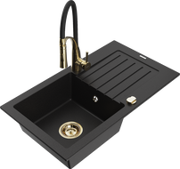 Mexen Pablo chiuvetă de granit cu 1 compartiment cu scurgător și baterie de bucătărie Aster, negru - 6510-77-73450-57-G