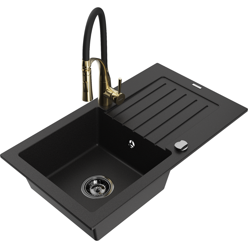 Mexen Pablo chiuvetă de granit cu o singură cuvă și scurgător, cu baterie de bucătărie Aster, neagră