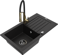 Mexen Pablo chiuvetă de granit cu o singură cuvă și scurgător, cu baterie de bucătărie Aster, neagră