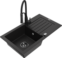 Mexen Pablo chiuvetă de granit cu 1 compartiment, cu picurător și baterie de bucătărie Aster, negru - 6510-77-73450-70-B
