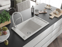 Mexen Elias 1-medencés gránit mosogató csepegtetővel és Aster konyhai csappal, fehér - 6511-20-73450-02