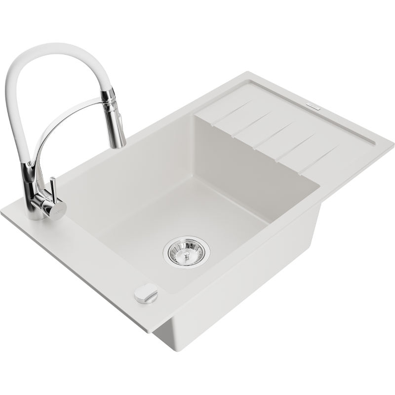 Mexen Elias 1-medencés gránit mosogató csepegtetővel és Aster konyhai csappal, fehér - 6511-20-73450-02