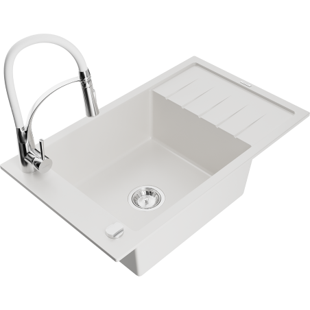 Mexen Elias 1-medencés gránit mosogató csepegtetővel és Aster konyhai csappal, fehér - 6511-20-73450-02
