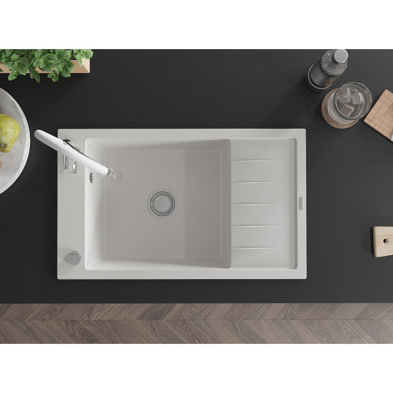 Mexen Elias chiuvetă de bucătărie din granit cu 1 cuvă și picurător și baterie de bucătărie Aster, alb - 6511-20-73450-02