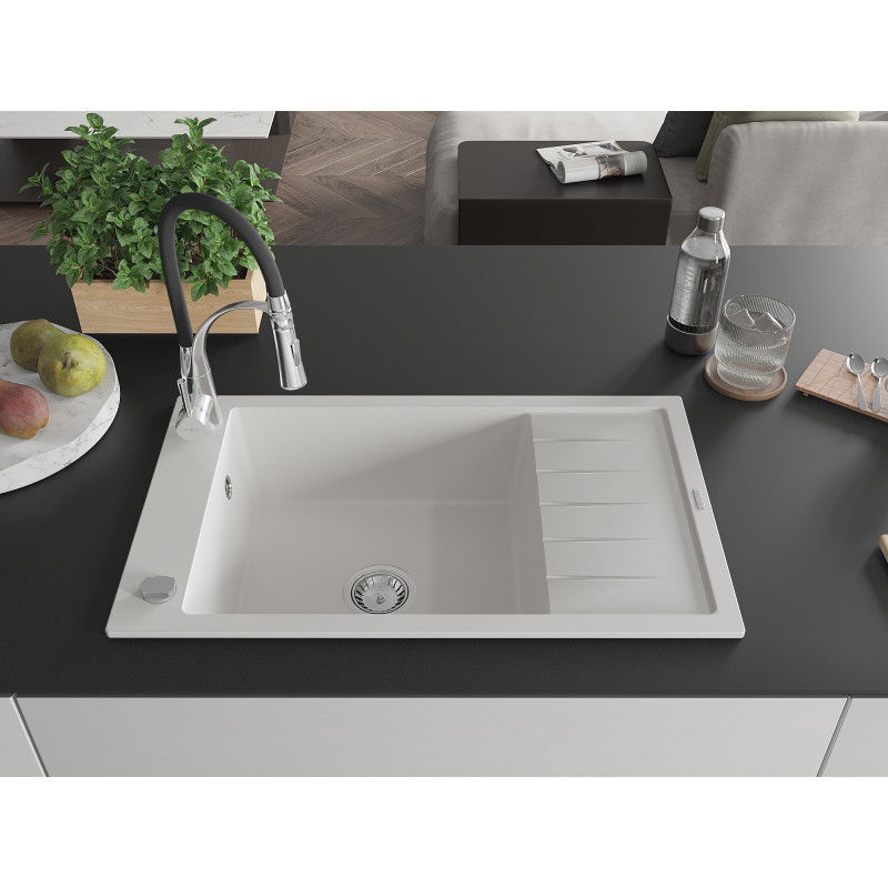 Mexen Elias gránit egykamrás mosogató csepegtetővel és Aster konyhai csapteleppel, fehér - 6511-20-73450-07
