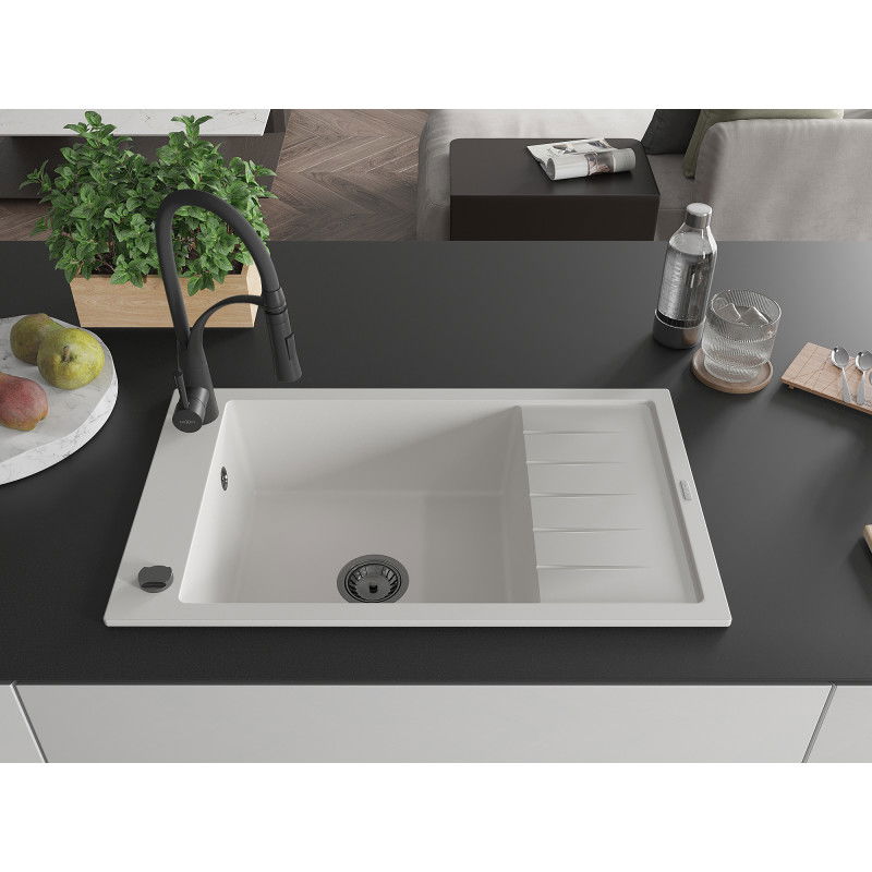 Mexen Elias chiuvetă granit 1-cameră cu picurător și baterie de bucătărie Aster, alb - 6511-20-73450-70-B