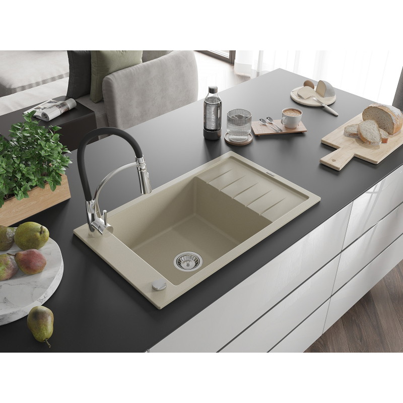 Mexen Elias chiuvetă de bucătărie din granit cu 1 cuvă, cu scurgător și baterie Aster, bej - 6511-69-73450-07