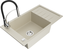 Mexen Elias chiuvetă de granit cu 1 cuvă, cu scurgător și baterie de bucătărie Aster, bej - 6511-69-73450-07